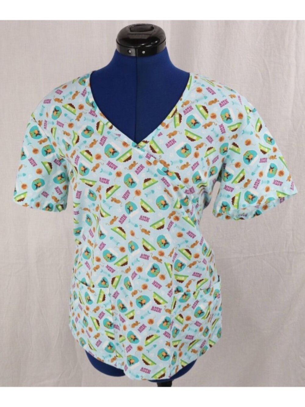 Y2K Scrub Top Womens M Blue Cat Whimsical Meow Novelty Cartoon Medical Vet VTG - Picture 1 of 9